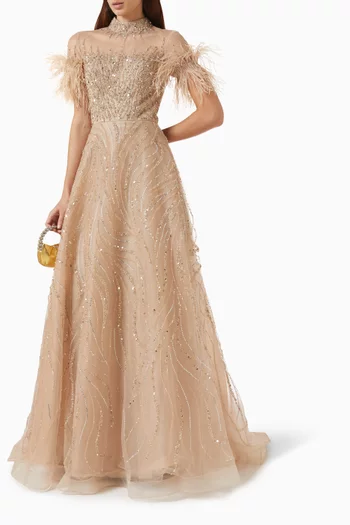 Beaded Feather Gown in Tulle
