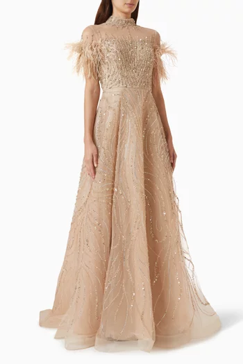 Beaded Feather Gown in Tulle
