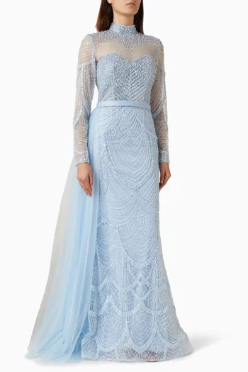Beaded High-neck Gown in Tulle