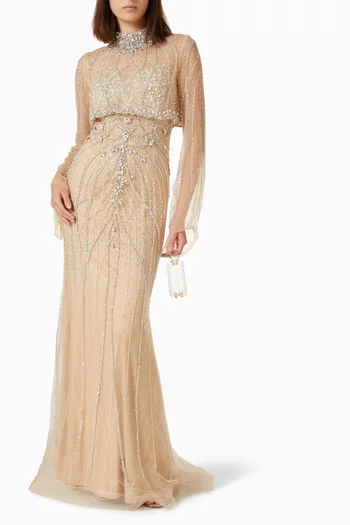 Beaded High-neck Gown in Tulle