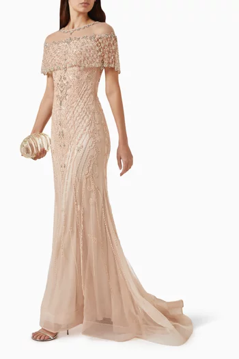 Off-shoulder Beaded Gown in Tulle