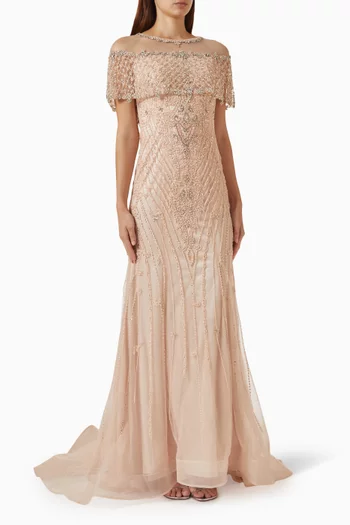 Off-shoulder Beaded Gown in Tulle