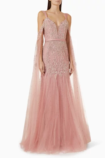 Beaded Off-shoulder Mermaid Gown in Tulle