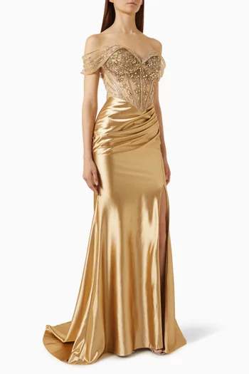 Beaded Off-shoulder Mermaid Gown in Silk
