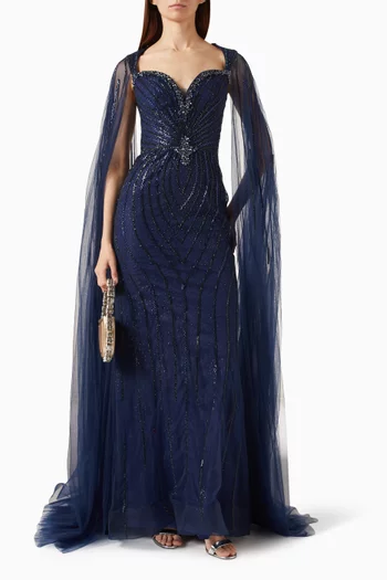 Beaded Cape Sweetheart Gown