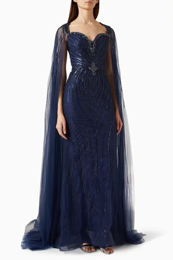 Beaded Cape Sweetheart Gown