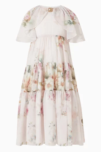 Cape-collar Printed Dress in Chiffon