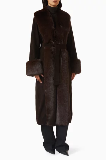 Faux-fur Trim Maxi Coat in Suede