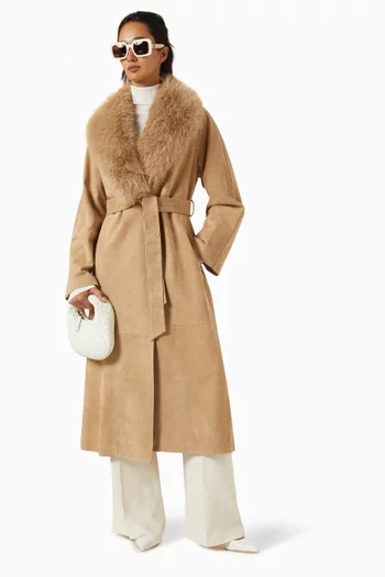Faux-fur Trim Wrap Coat in Goat Suede