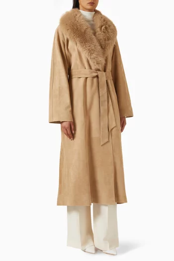 Faux-fur Trim Wrap Coat in Goat Suede