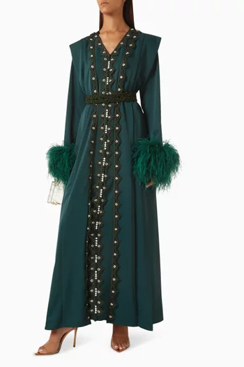 Feathered Moroccan Embroidery Kaftan Set