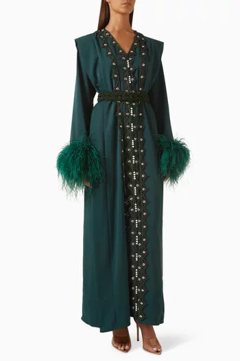 Feathered Moroccan Embroidery Kaftan Set