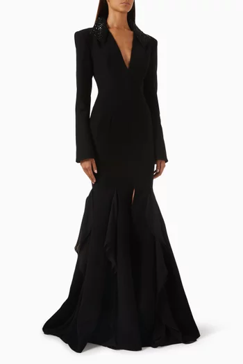 Collar Train Dress in Crepe