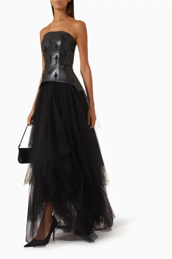 Embroidered Dress in Leather & Chiffon
