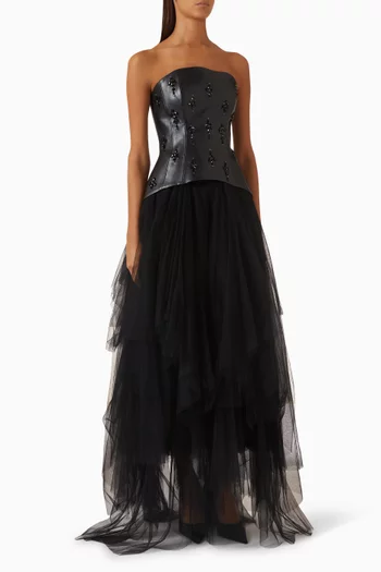 Embroidered Dress in Leather & Chiffon