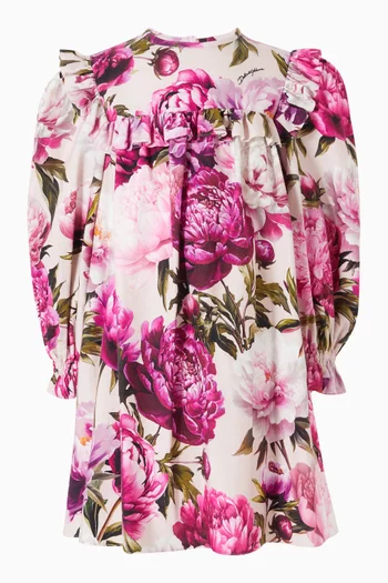 Peony-print Ruffle Dress in Cotton