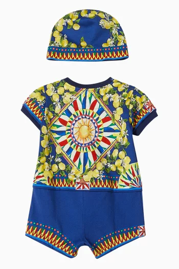 Carretto-print Romper & Beanie Set in Cotton