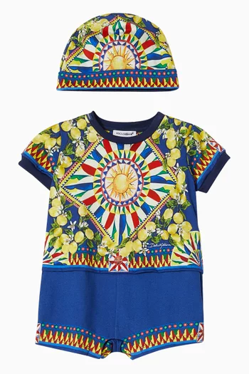 Carretto-print Romper & Beanie Set in Cotton