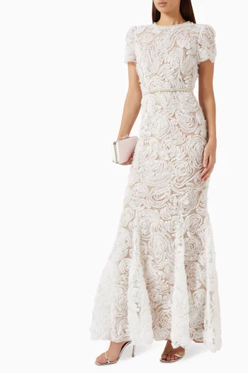 Belted Maxi Dress in Tulle Lace