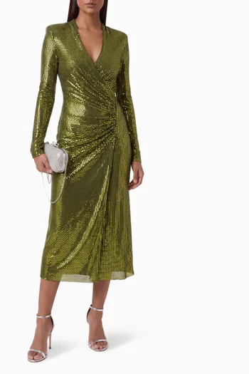 Wrap Midi Dress in Rhinestone Mesh