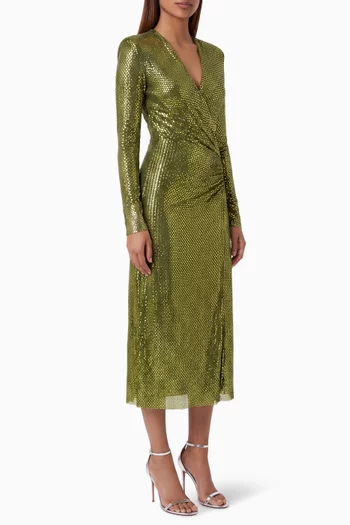 Wrap Midi Dress in Rhinestone Mesh