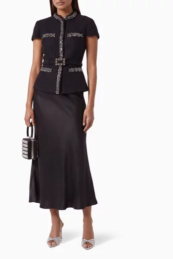 Bouclé Crystal Trim Midi Dress in Satin