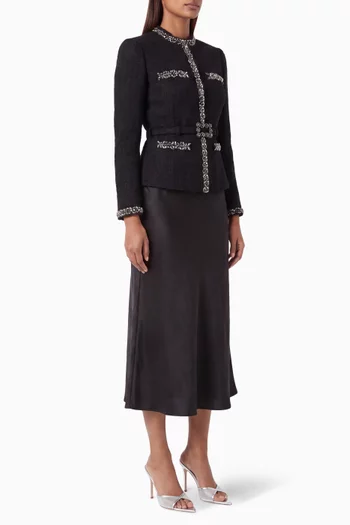 Bouclé Crystal Trim Midi Dress in Satin