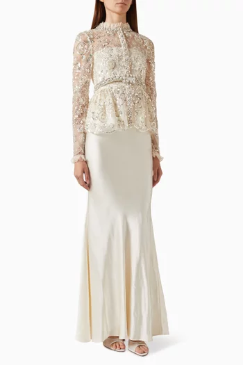 Sequin-embellished Top & Skirt Set in Satin