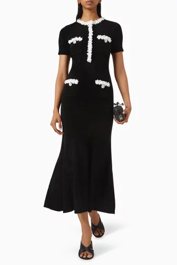 Chenille Knit Flower Trim Midi Dress