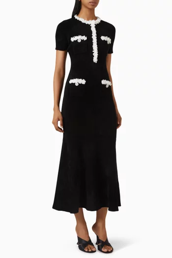 Chenille Knit Flower Trim Midi Dress