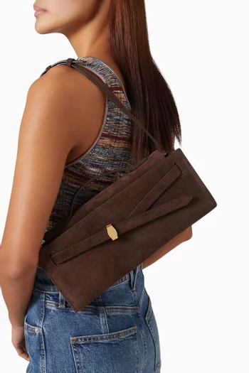 SUEDE VERONICA BEARD DASH  CLUTCH SMALL FLAP AND BELTED STRAP CLOSURE WITH TOP HANDLE IN GOLD HARDWARE WITH SHOULDER STRAP:DARK BROWN:One Size|219800831