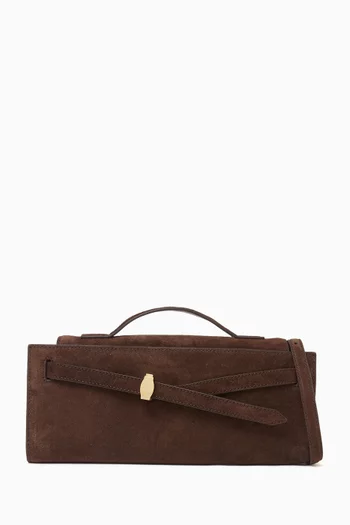 SUEDE VERONICA BEARD DASH  CLUTCH SMALL FLAP AND BELTED STRAP CLOSURE WITH TOP HANDLE IN GOLD HARDWARE WITH SHOULDER STRAP:DARK BROWN:One Size|219800831