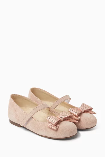 Crystal-bow Ballerina Flats in Suede