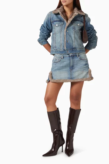 Faux Fur Trim Mini Skirt in Denim