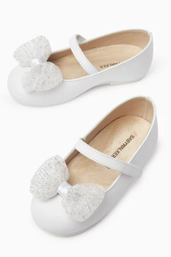 Glitter-bow Ballerina Flats in Leather