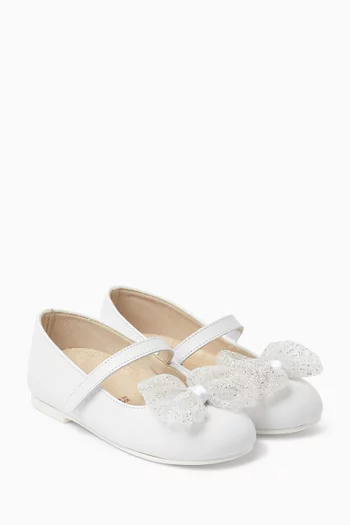 Glitter-bow Ballerina Flats in Leather
