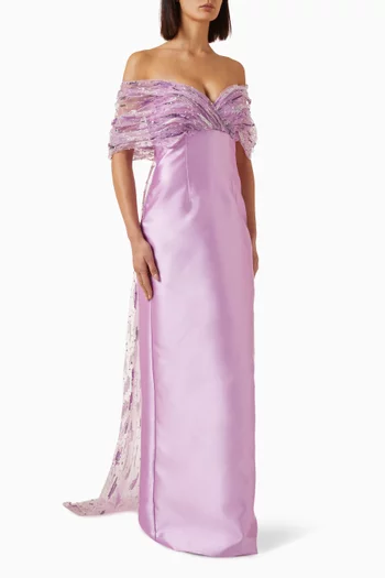 Rosetra Embellished Cape Gown in Satin