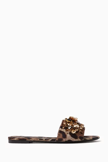 Embellished Slides in Leopard-printed Satin