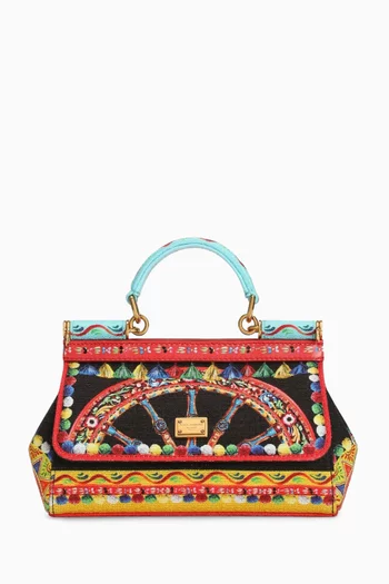 Mini Sicily Top-handle Bag in Carretto-print Fabric & Leather
