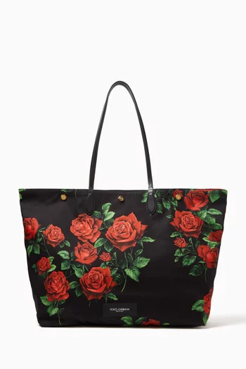 Large Rose-print Tote Bag in Leather