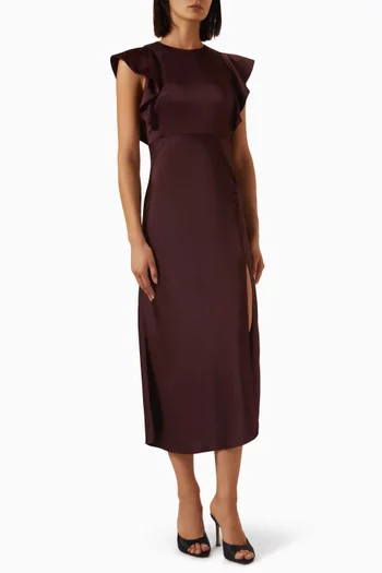 Ruffled-sleeves Midi Dress in Satin