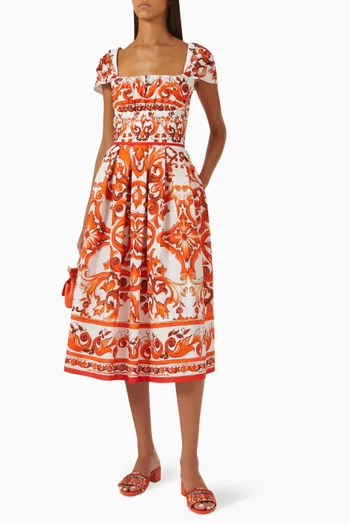 Majolica-print Midi Dress in Cotton Poplin