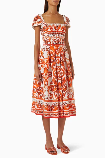Majolica-print Midi Dress in Cotton Poplin