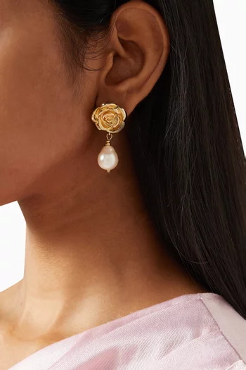 Rose Pearl Drop Earrings in 18kt Gold-plated Metal