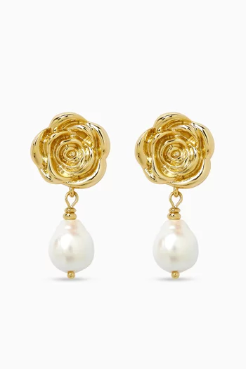 Rose Pearl Drop Earrings in 18kt Gold-plated Metal