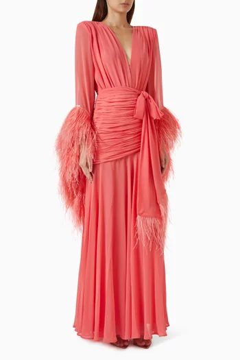 Geisha Feather-cuff Gown in Chiffon