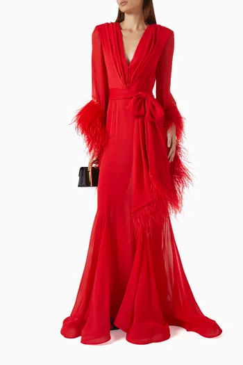 Geisha Feather-cuff Gown in Chiffon