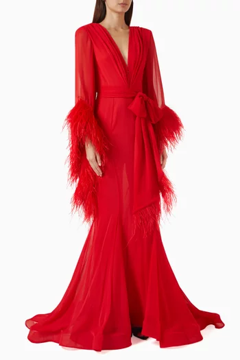 Geisha Feather-cuff Gown in Chiffon