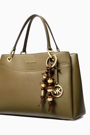Embellished Floral Bag Charm in Faux Leather