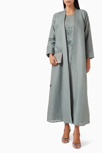 Contrast Thread & Beaded Band Abaya in Linen